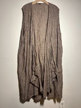 Vivid EUC Brown Stripe 100% Linen Long Open Duster Jacket Lagenlook Size 4X